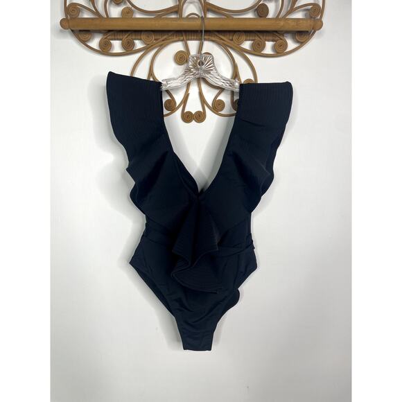 DAVI & DANI Women's Solid Ruffle Sleeve Tie Front One Piece Swimsuit Black - Picture 3 of 10